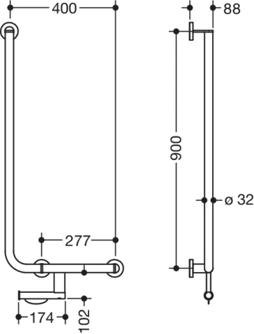 Winkelgriff mit Papierrollenhalter des Systems 900, Edelstahl, PVD, waagerechte Länge 400 mm, senkrechte Länge 900 mm, D: 32 mm, Ausführung rechts, in Farbe CK (messing glänzend) Winkelgriff mit Papierrollenhalter des Systems 900, Edelstahl, PVD, waagerechte Länge 400 mm, senkrechte Länge 900 mm, D: 32 mm, Ausführung rechts, in Farbe CK (messing glänzend)