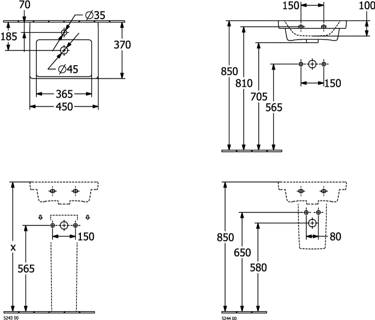Villeroy & Boch Subway 3.0 Handwaschbecken 450x370mm Rechteck 1HL. m. ÜL. Weiß Alpin