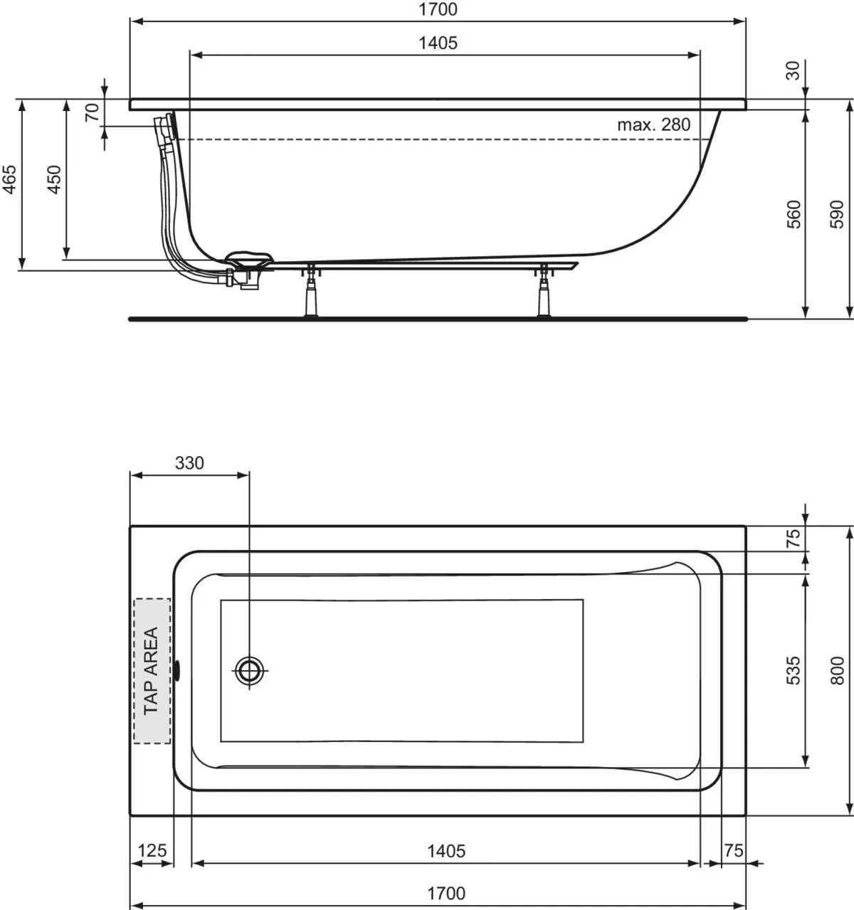 Ideal Standard Körperform-Badewanne La Dolce Vita, weiß, 1700x800 mm, Höhe 590 mm Ideal Standard Körperform-Badewanne La Dolce Vita, weiß, 1700x800 mm, Höhe 590 mm