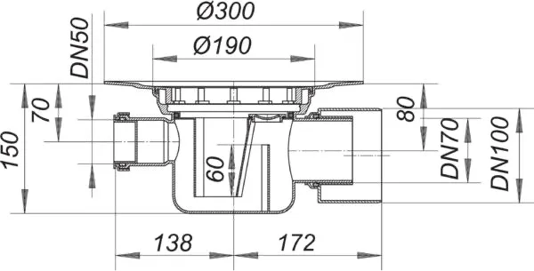 Ablaufgehäuse 58, Zulauf DN 50, DN 70/DN 100