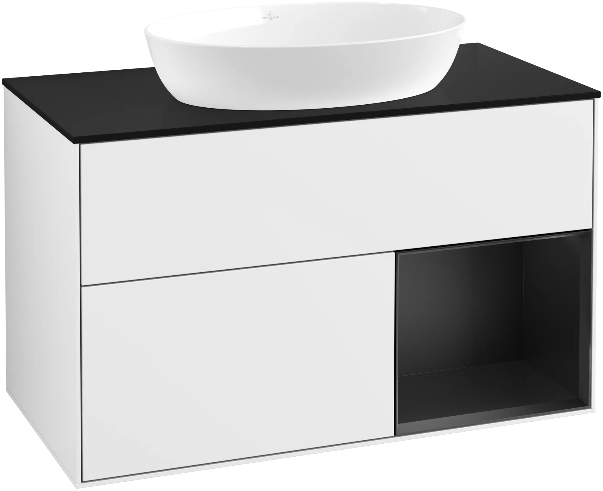 Villeroy & Boch Finion Waschbeckenunterschrank FA2, 1000 x 603 x 501 mm, Glossy White Lacquer / Black Matt Lacquer / Glass Black Matt