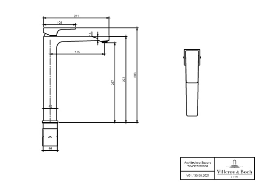 Einhand-Waschtischarmatur „Architectura Square“ 21,1 cm Ausladung 176 mm in Chrom