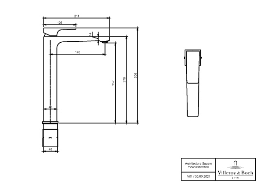 Einhand-Waschtischarmatur „Architectura Square“ 21,1 cm Ausladung 176 mm in Matt Black