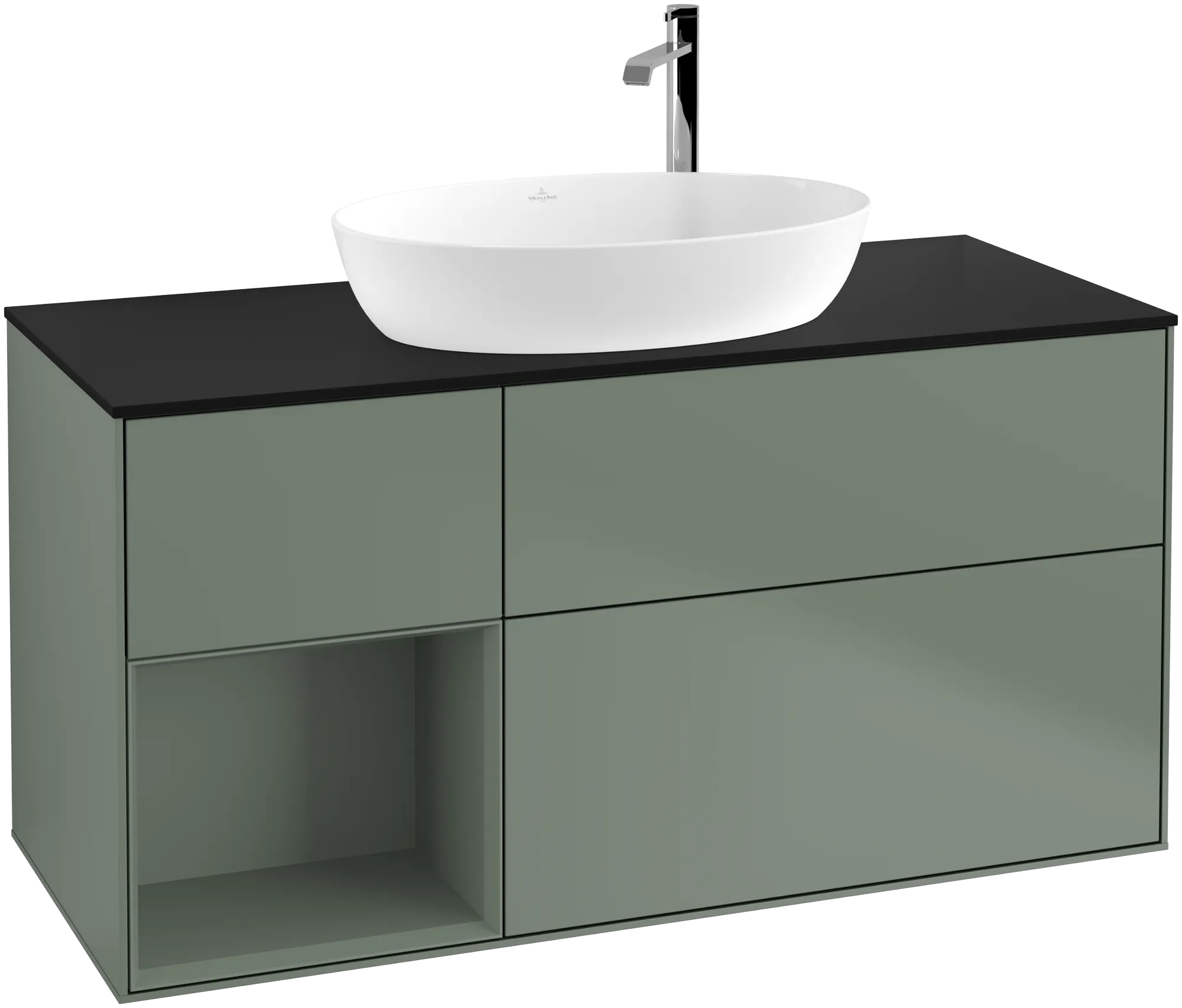 Villeroy & Boch Waschtischunterschrank „Finion“ für Schrankwaschtisch 1200 × 603 × 501 mm Olive Matt Lacquer, für Becken mittig, mit Hahnlochbohrung