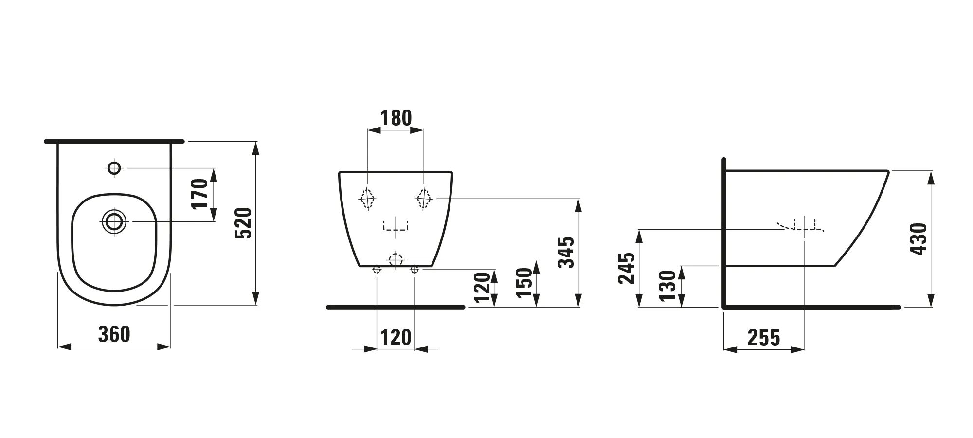 Wandbidet LUA 520x360 1 Hahnloch mit Überlauf ohne seitliches Loch für Wasseranschluss weiß Wandbidet LUA 520x360 1 Hahnloch mit Überlauf ohne seitliches Loch für Wasseranschluss weiß