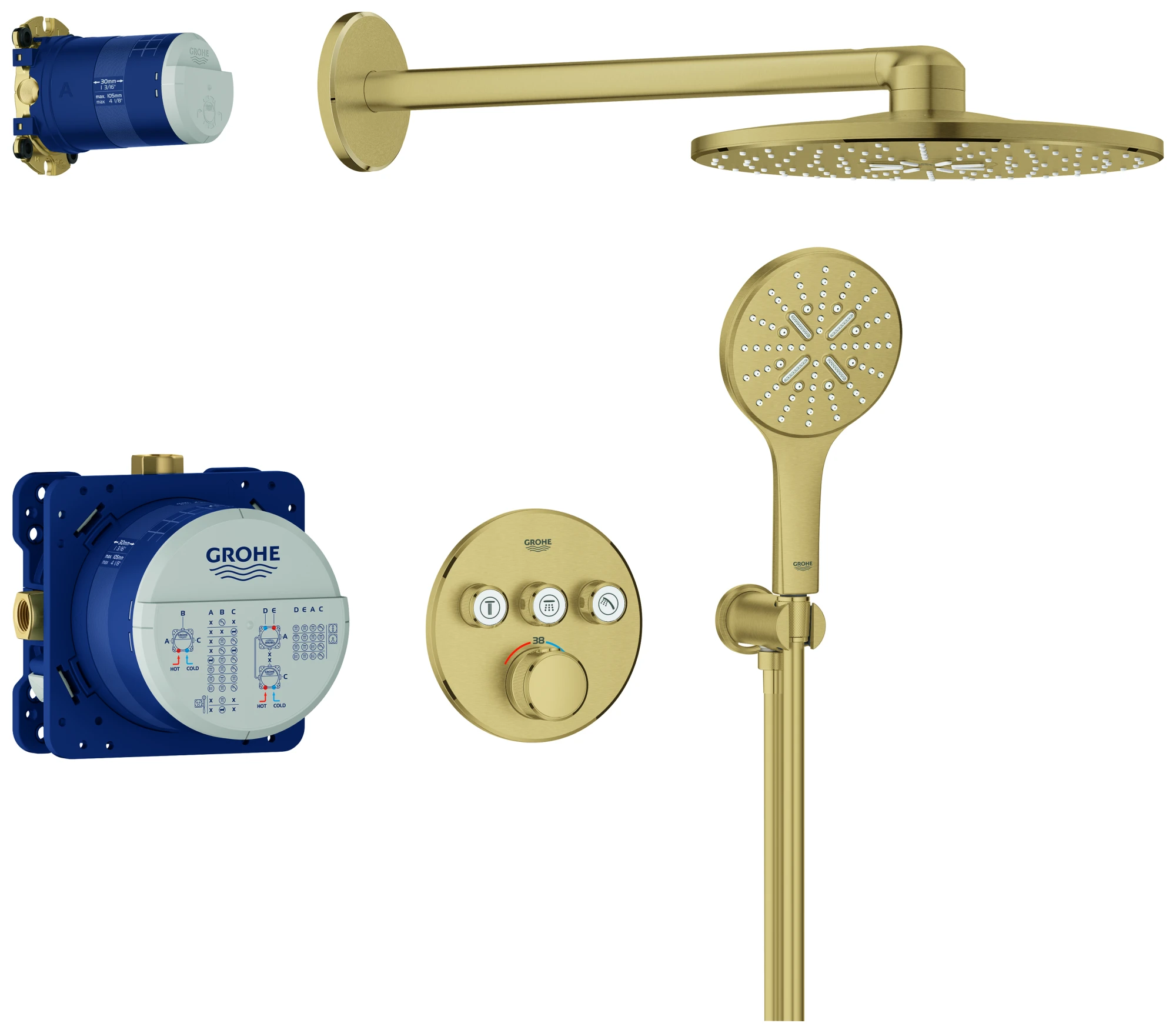 Unterputz Duschsystem Grohtherm SmartControl 34863, runde Form, mit UP-Thermostat mit 3 Absperrventilen, Rapido SmartBox, Kopfbrause Rainshower Mono 310, Rainshower SmartActive 130 Handbrause, Wandabgangsbogen, Brauseschlauch, chrom