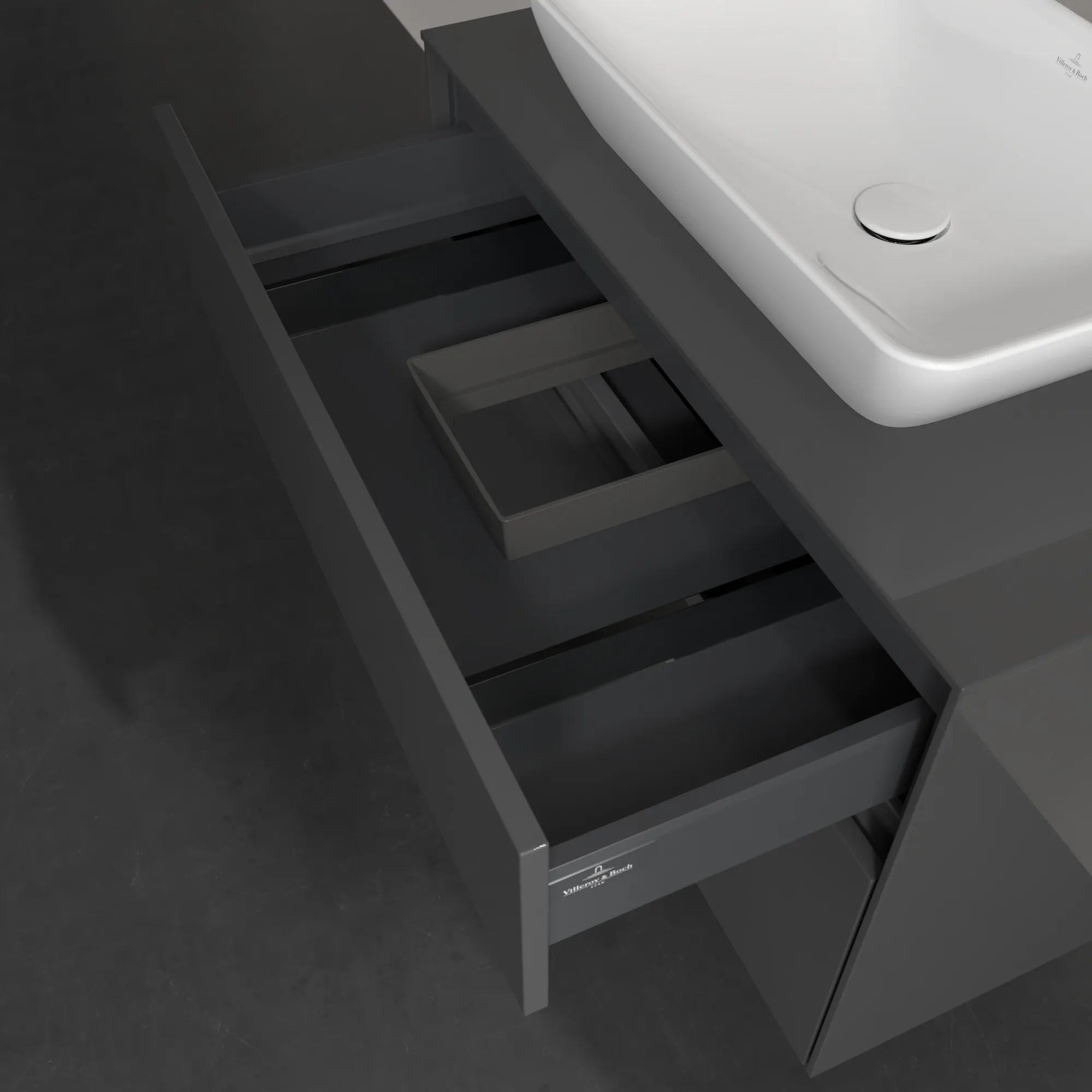 Villeroy & Boch Waschbeckenunterschrank Collaro C10800, Eckig Glossy Grey, 800x548x500mm, 39kg, Wandmontage, 2 Auszüge mit SoftClosing, 1 Waschbecken mittig
