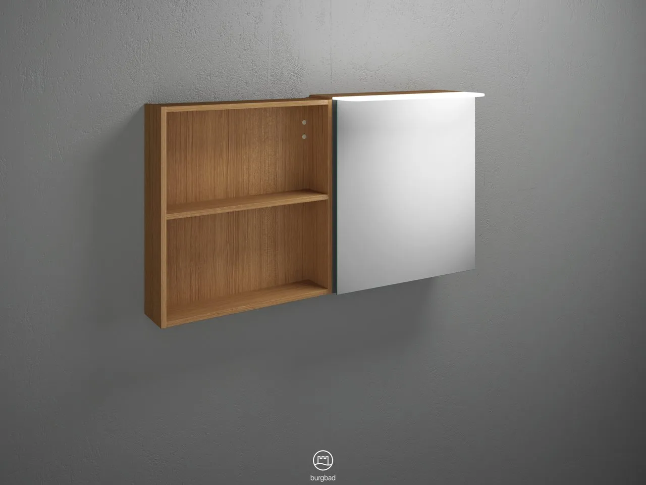 Burgbad Spiegelschrank Badu SFTW120, 310x1200x665 mm, beidseitig verspiegelt, LED-Aufsatzleuchte 4200 K, Schalter-Steckdosenelement