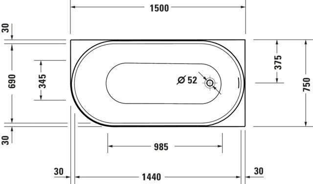 Duravit Badewanne „DuraSenja“ vorwand oval 1500 × 750 mm, rechts in Weiß Duravit Badewanne „DuraSenja“ vorwand oval 1500 × 750 mm, rechts in Weiß