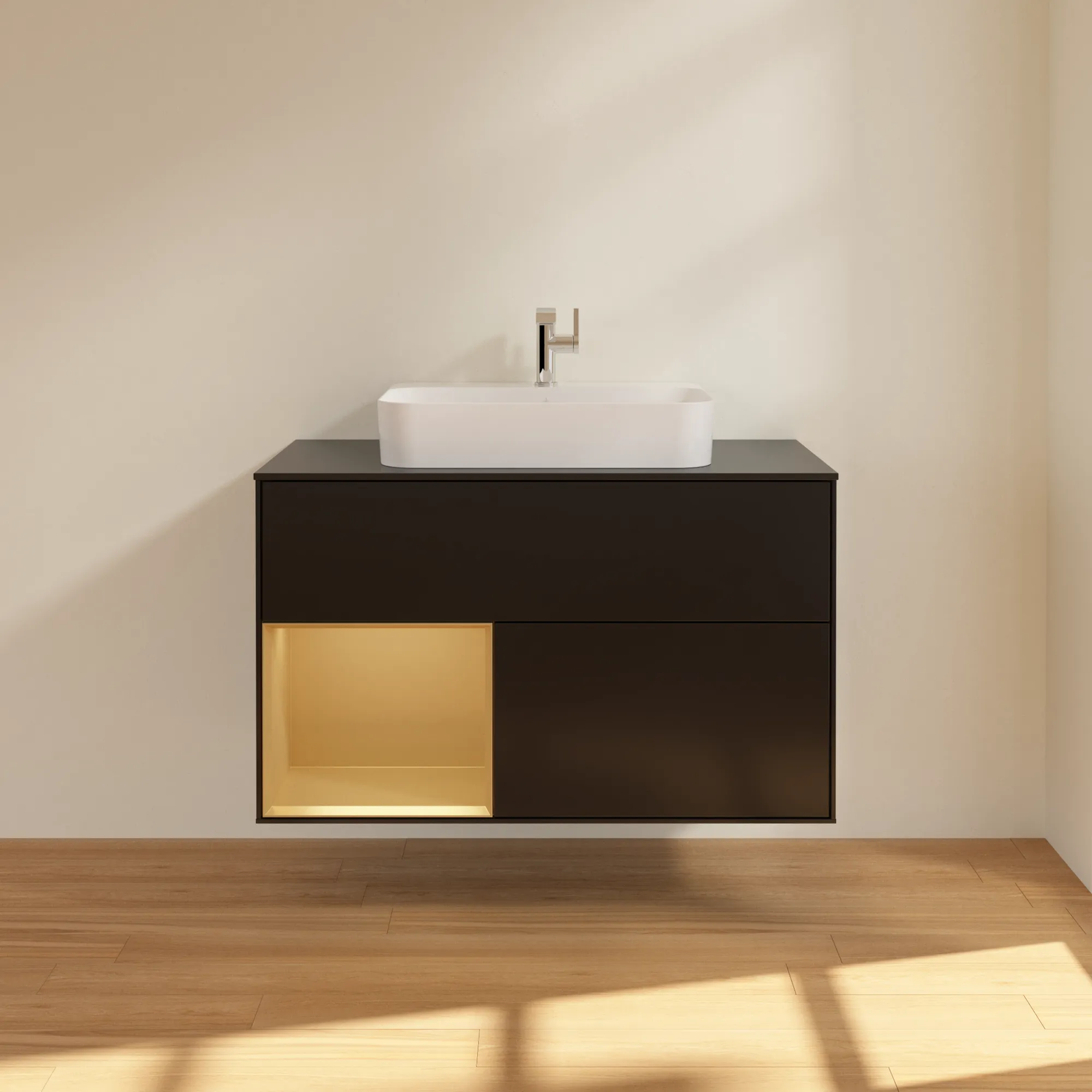Villeroy & Boch Waschbeckenunterschrank Finion F36, 1000x603x501 mm, Black Matt Lacquer mit Gold Akzenten, mit Beleuchtung und SoftClosing Villeroy & Boch Waschbeckenunterschrank Finion F36, 1000x603x501 mm, Black Matt Lacquer mit Gold Akzenten, mit Beleuchtung und SoftClosing
