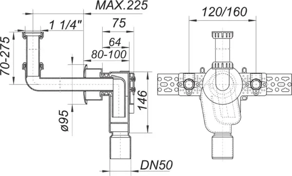 Wandeinbau-Siphon 310 KS, 1 1/4″ x DN 50