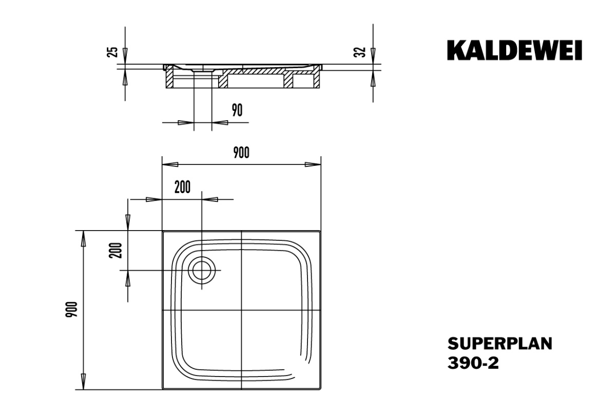 Set Kaldewei quadrat Duschwanne „Superplan Classic“ 90 × 90 cm weiß mit Duschablauf Abgang waagerecht