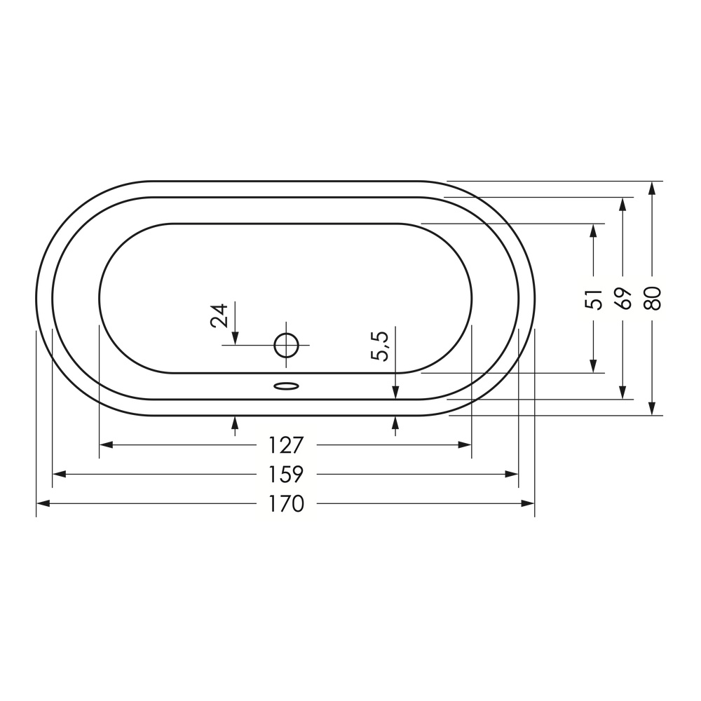 repaBAD Badewanne „Livorno Oval“ freistehend oval 170 × 80 cm, Mittelablauf in Weiß