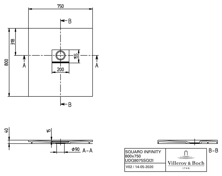 Villeroy & Boch rechteck Duschwanne „Squaro Infinity“ nur flächenbündige Installation 80 × 75 cm