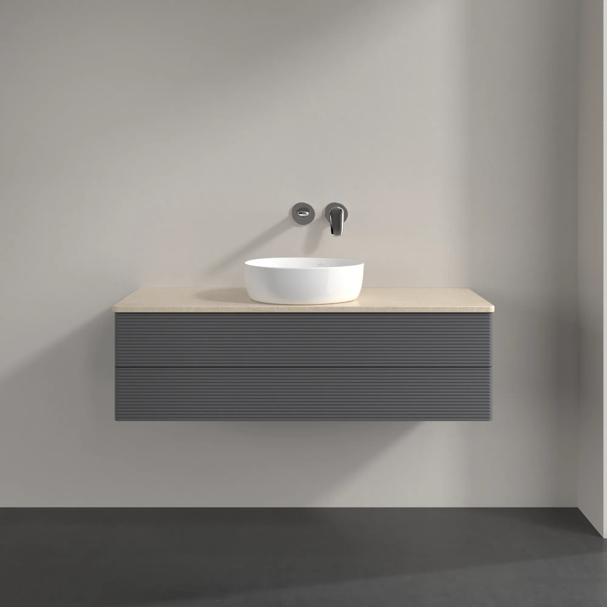 Villeroy & Boch Waschtischunterschrank „Antao“ 1200 × 360 × 500 mm Anthracite Matt Lacquer, für Becken mittig, ohne Beleuchtung Villeroy & Boch Waschtischunterschrank „Antao“ 1200 × 360 × 500 mm Anthracite Matt Lacquer, für Becken mittig, ohne Beleuchtung
