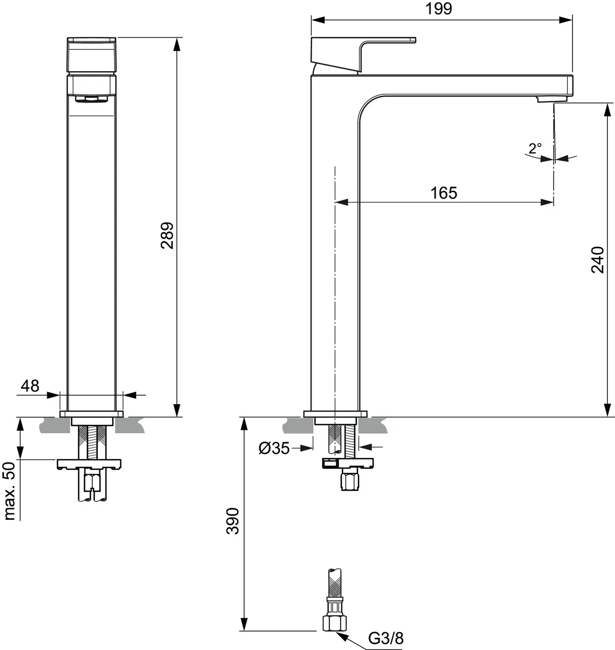 Waschtischarmatur Edge, mit verlängertem Sockel, 5 l/min., ohne Ablaufgarnitur, Ausladung 165mm, Chrom Waschtischarmatur Edge, mit verlängertem Sockel, 5 l/min., ohne Ablaufgarnitur, Ausladung 165mm, Chrom