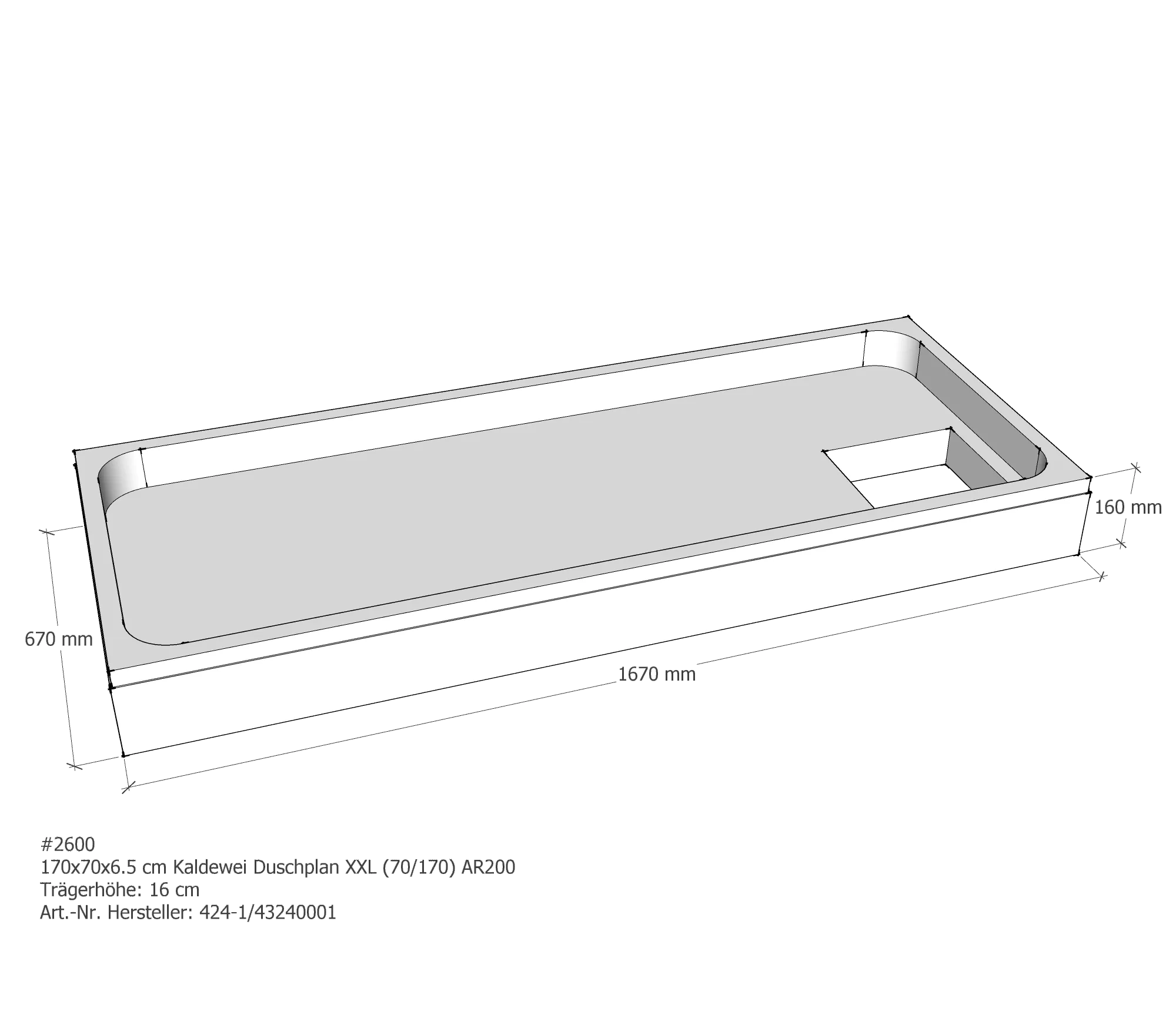 Duschwannenträger für Kaldewei Duschplan XXL 170 × 70 × 6,5 cm Breite: 70 cm / Länge: 170 cm
