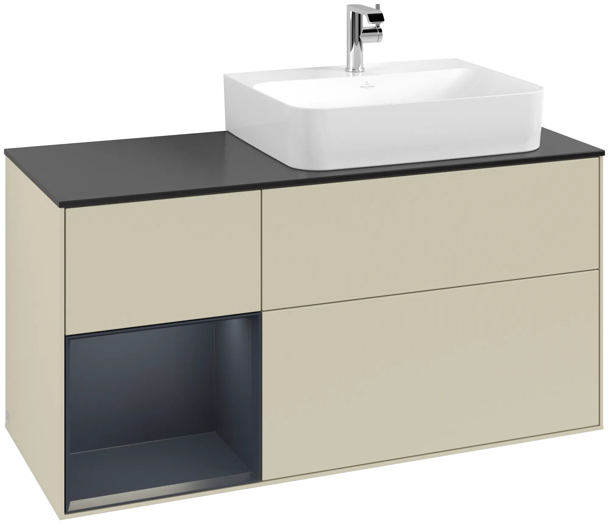 Villeroy & Boch Finion Waschbeckenunterschrank G14, 1200x603x501mm, Eckig, mit Regalelement (beleuchtet), mit Wandbeleuchtung, Waschbecken rechts