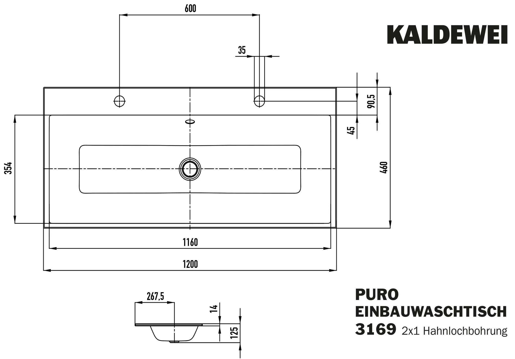 Kaldewei PURO Einbau-Doppelwaschtisch, 1200x460 mm, manhattan, Perl-Effekt, Antidröhnen, 2x1-Hahnlochbohrung, schwarz matt 100