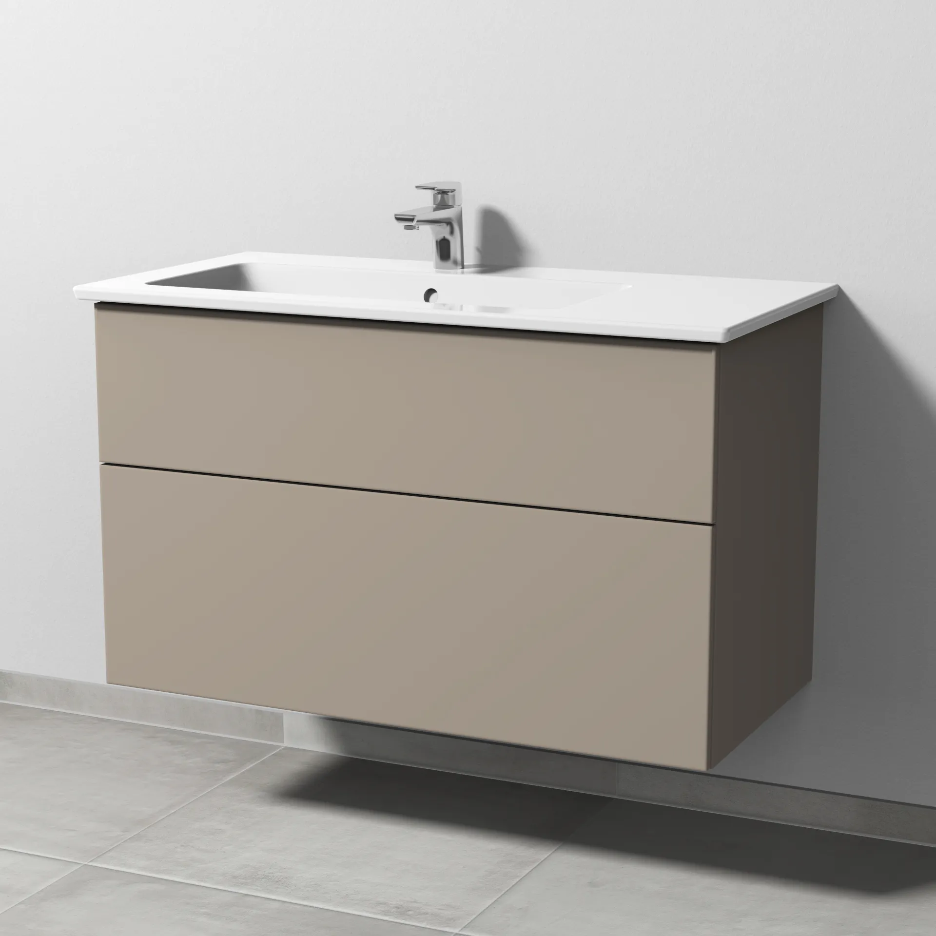 Sanipa Keramik-Waschtisch-Set mit Waschtischunterschrank „3way“ 95,5 × 47,7 × 59,1 cm in Sandgrau (matt), links
