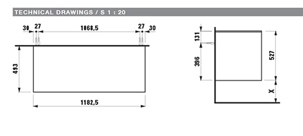 Waschtischunterbau+Waschtischplatte (Schubladenelement) LANI 493x1182x527 ohne Ausschnitt Abdeckplatte 12 mm, mit 2 Schubladen integrierter Griffleiste Vollauszug und Soft-Close weiß matt