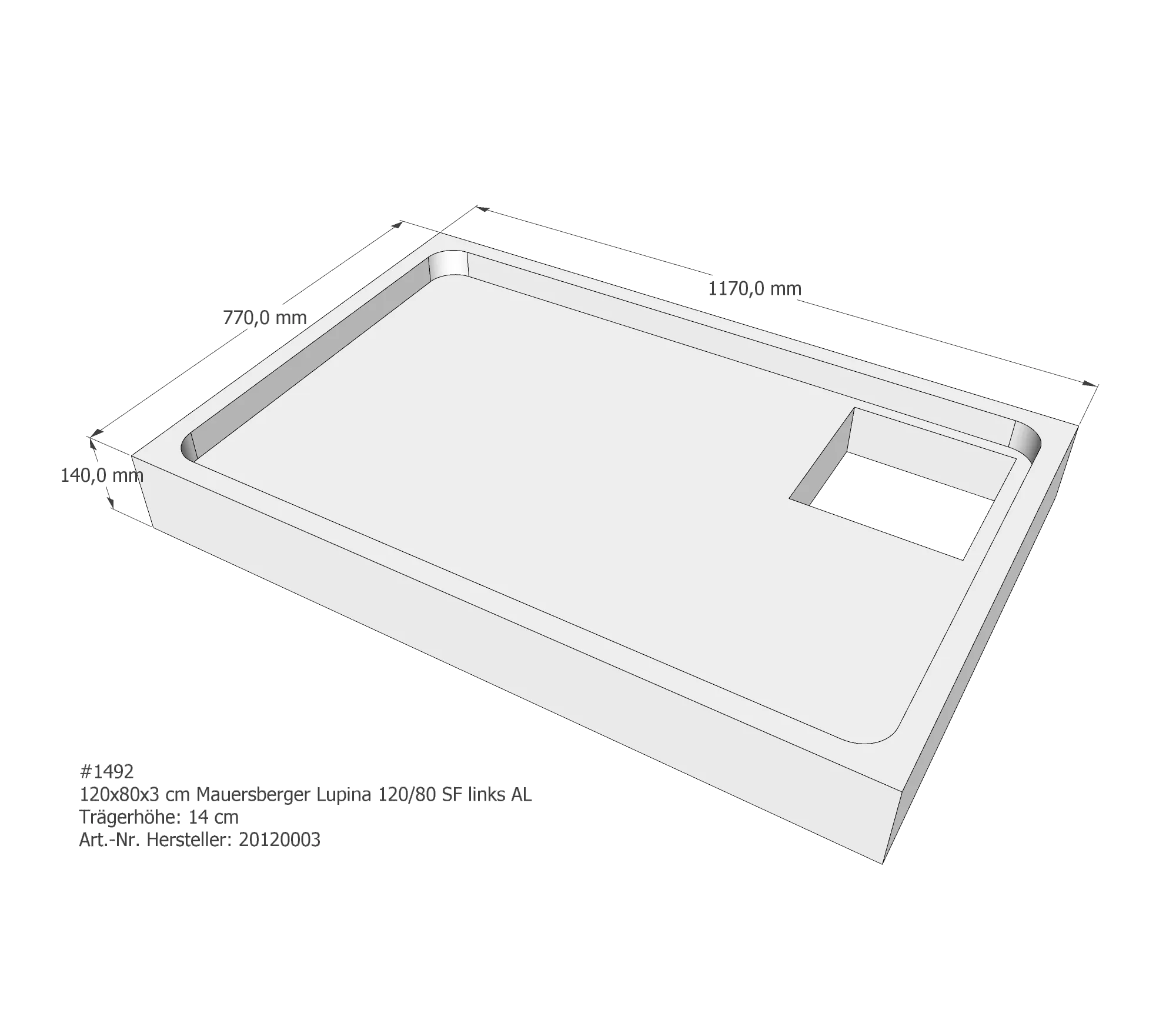 Duschwannenträger passend für Mauersberger Lupina links 120 × 80 × 3 cm