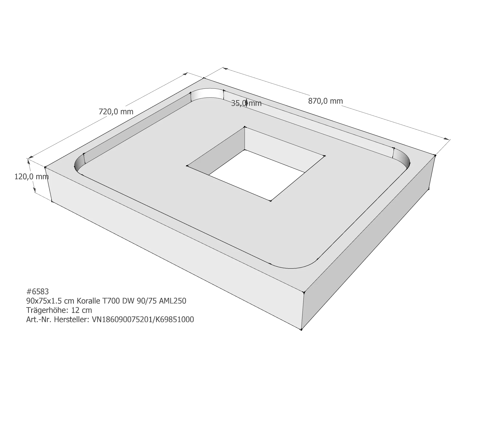 Duschwannenträger passend für Koralle T700 DW 90/75 90 × 75 × 1,5 cm