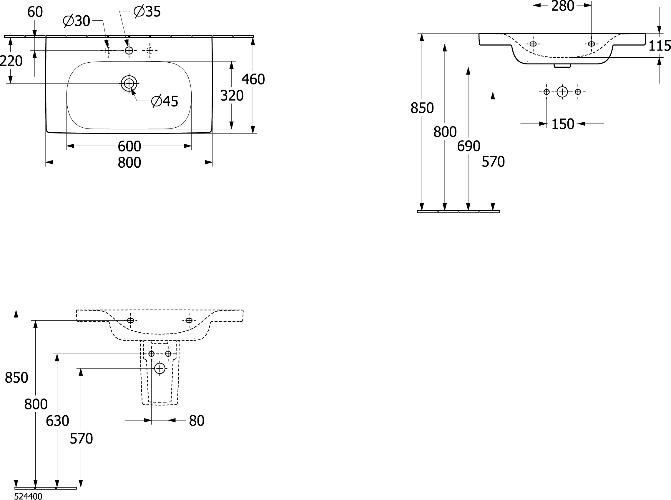 Villeroy & Boch Schrankwaschtisch Skyla, 800x460x160 mm, weiß Alpin, TitanCeram, glänzend, 3-Loch-Armatur, Wandmontage