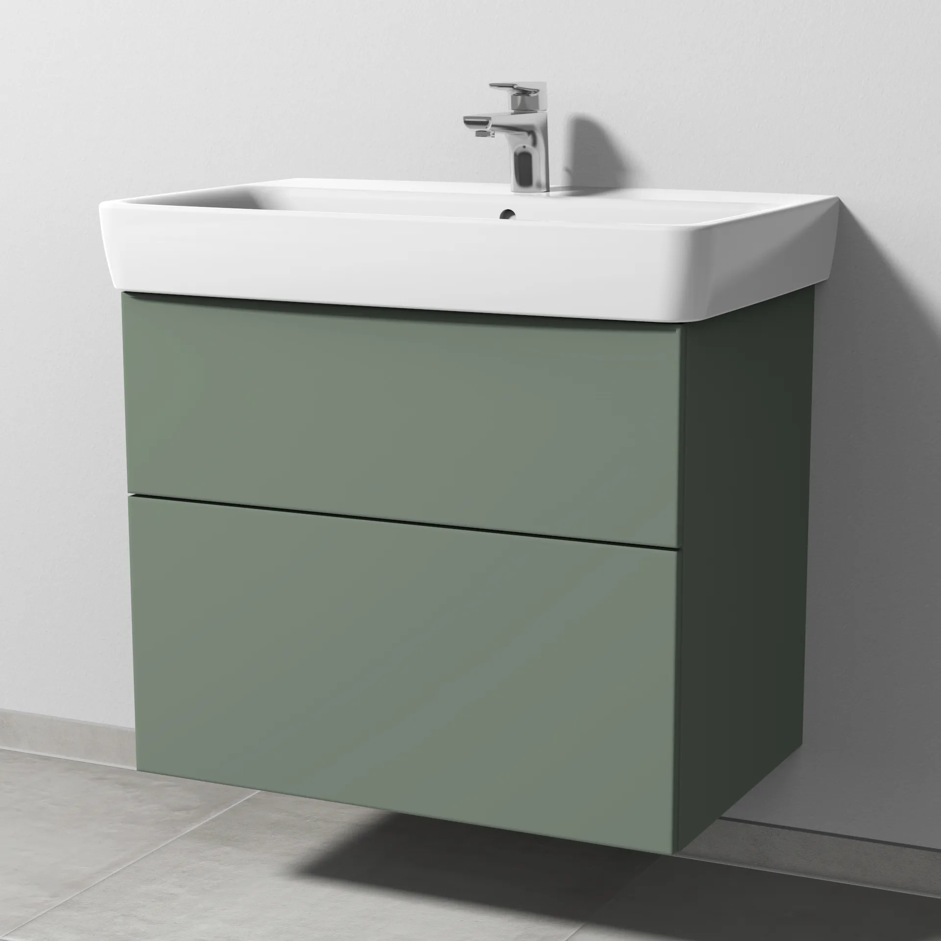 Sanipa Waschtischunterschrank „3way“ passend zu Keramik-Waschtische Renova Plan von Geberit 690 × 588 × 407 mm in Soft-Green, Becken mittig