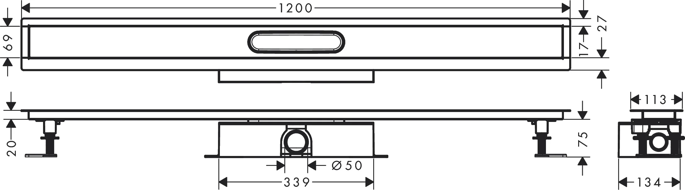 Hansgrohe uBox universal Komplettset für Standardinstallation 1200 mm, passend zu RainDrain Rock und Match Fertigsets, 3-seitiger Anschluss DN50, waagerechter Auslass