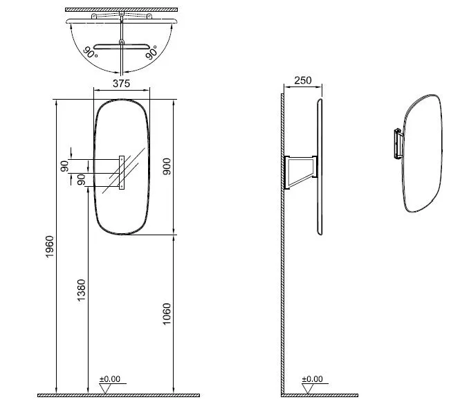 VitrA Plural Schwenk-Spiegel 38 x 90 cm Wandmontage Eiche Dunkel Echtholz