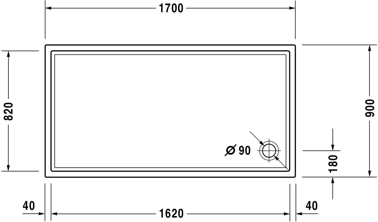 Duravit rechteck Duschwanne „Starck Slimline“ 170 × 90 cm 