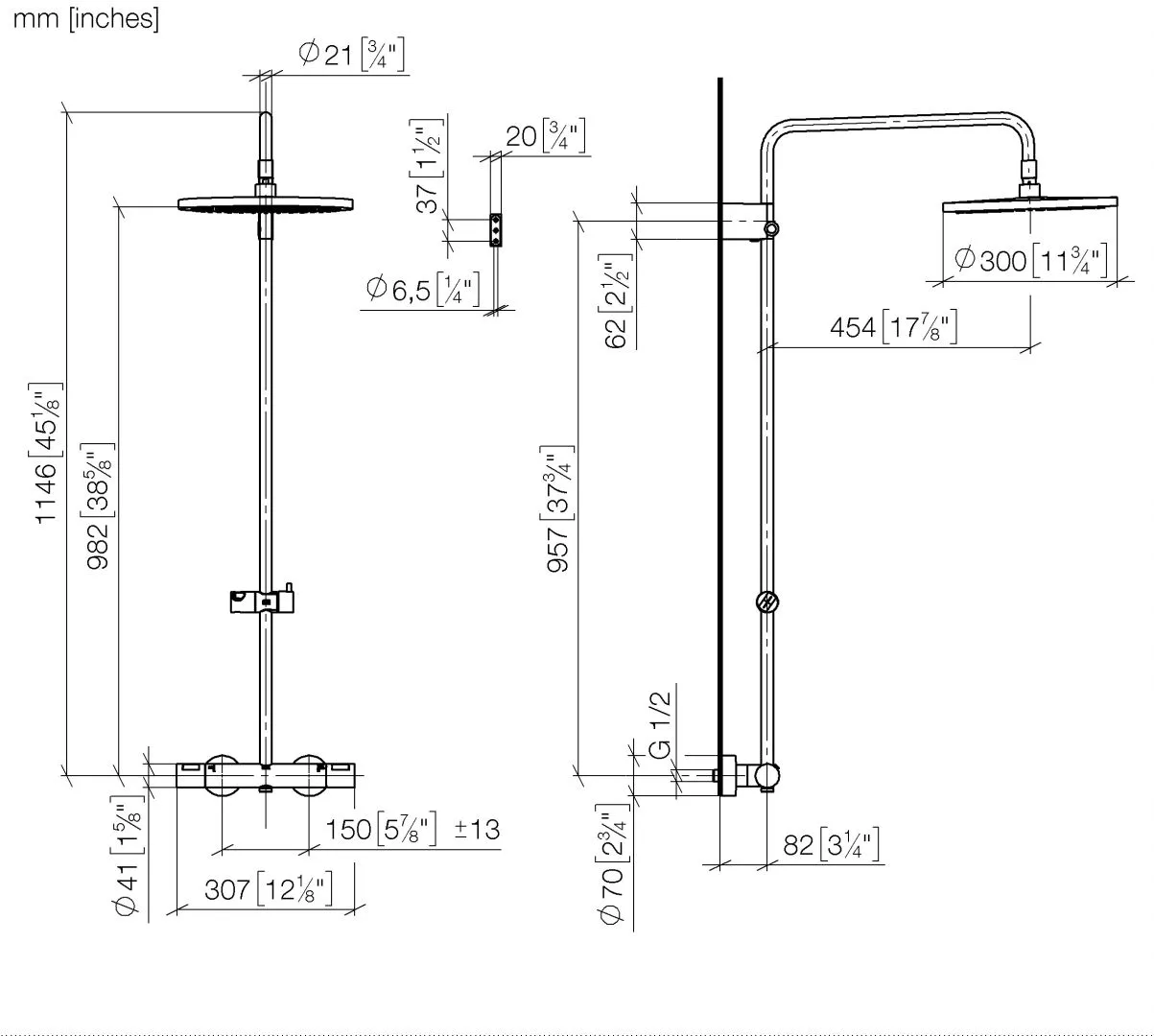 Dornbracht Showerpipe mit Brause-Thermostat, SERIENSPEZIFISCH Chrom, 300 mm, Höhe 982–1146 mm, Ausladung 454 mm