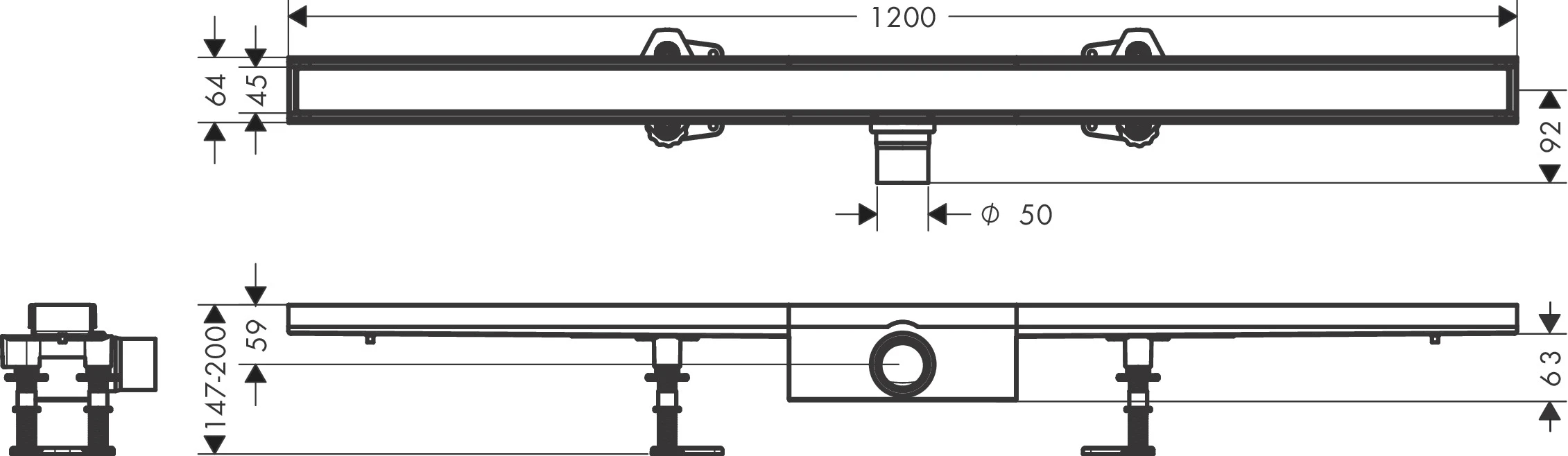 RainDrain Compact Komplettset Duschrinne 1200 befliesbar für Standardinstallation k.a.