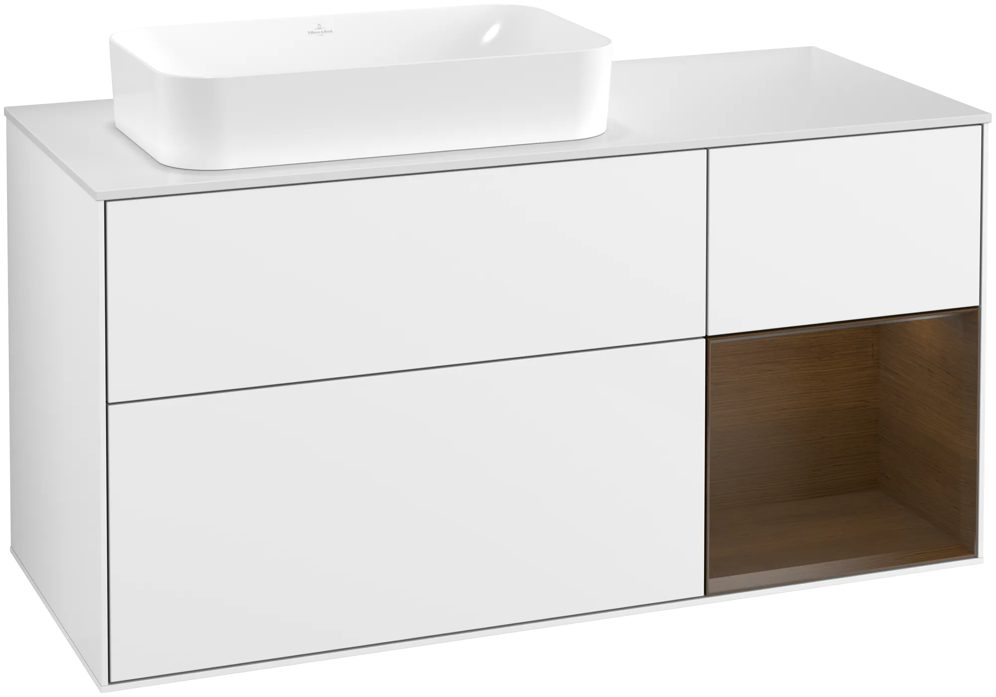 Villeroy & Boch Finion Waschbeckenunterschrank F69 1200x603x501mm Glossy White Lacquer / Walnut Veneer / Glass White Matt
