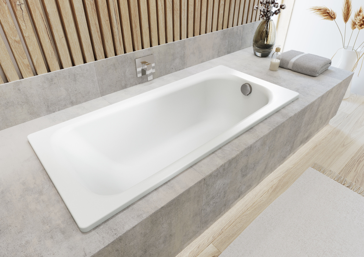 Set- Kaldewei Badewanne „Saniform Plus“ rechteck 170 × 75 cm, Fußgestell Allround „5030“ Modell 5030 und „Basic flat“ Ab- und Überlaufgarnitur