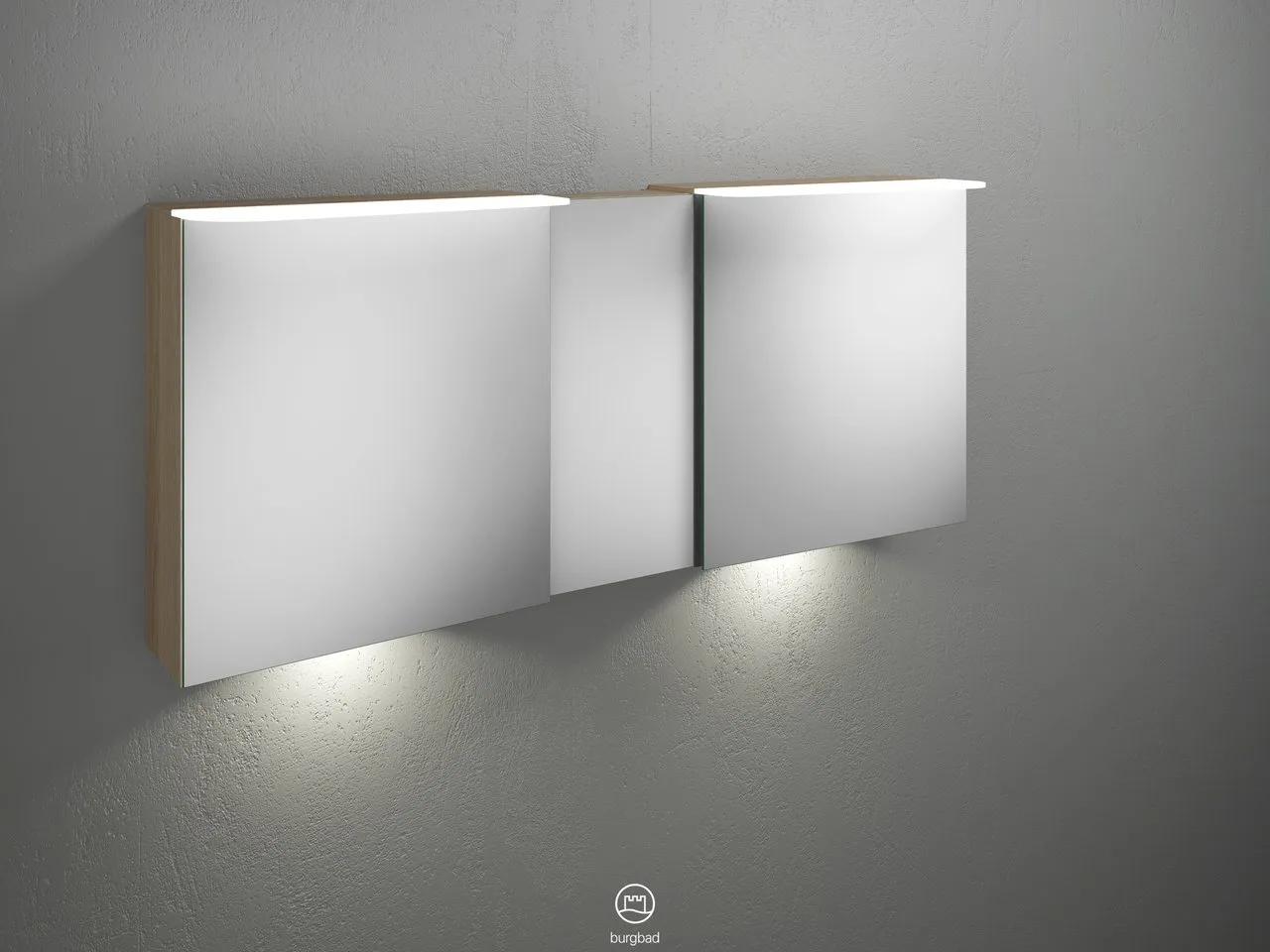Badu Spiegelschrank SFUF150 von burgbad - 310 mm tief, 1.500 mm breit, 665 mm hoch mit 3 beidseitig verspiegelten Spiegeln und LED-Beleuchtung Badu Spiegelschrank SFUF150 von burgbad - 310 mm tief, 1.500 mm breit, 665 mm hoch mit 3 beidseitig verspiegelten Spiegeln und LED-Beleuchtung