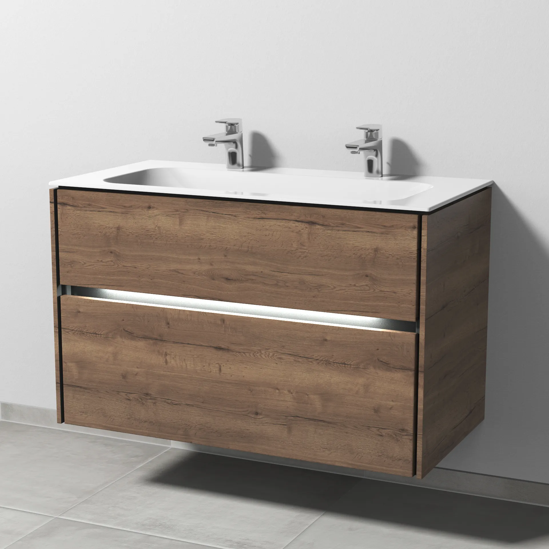 Keramik-Waschtisch-Set mit Waschtischunterschrank „Twiga“ 99 × 50 × 61 cm in Eiche Tabak, mit Beleuchtung, mit Hahnlochbohrung