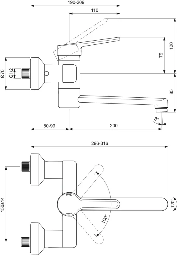 Ideal Standard Wand-Waschtischarmatur Ceraplus 5l/min. Ausladung 200mm absp.S-Anschlüsse Chrom Ideal Standard Wand-Waschtischarmatur Ceraplus 5l/min. Ausladung 200mm absp.S-Anschlüsse Chrom
