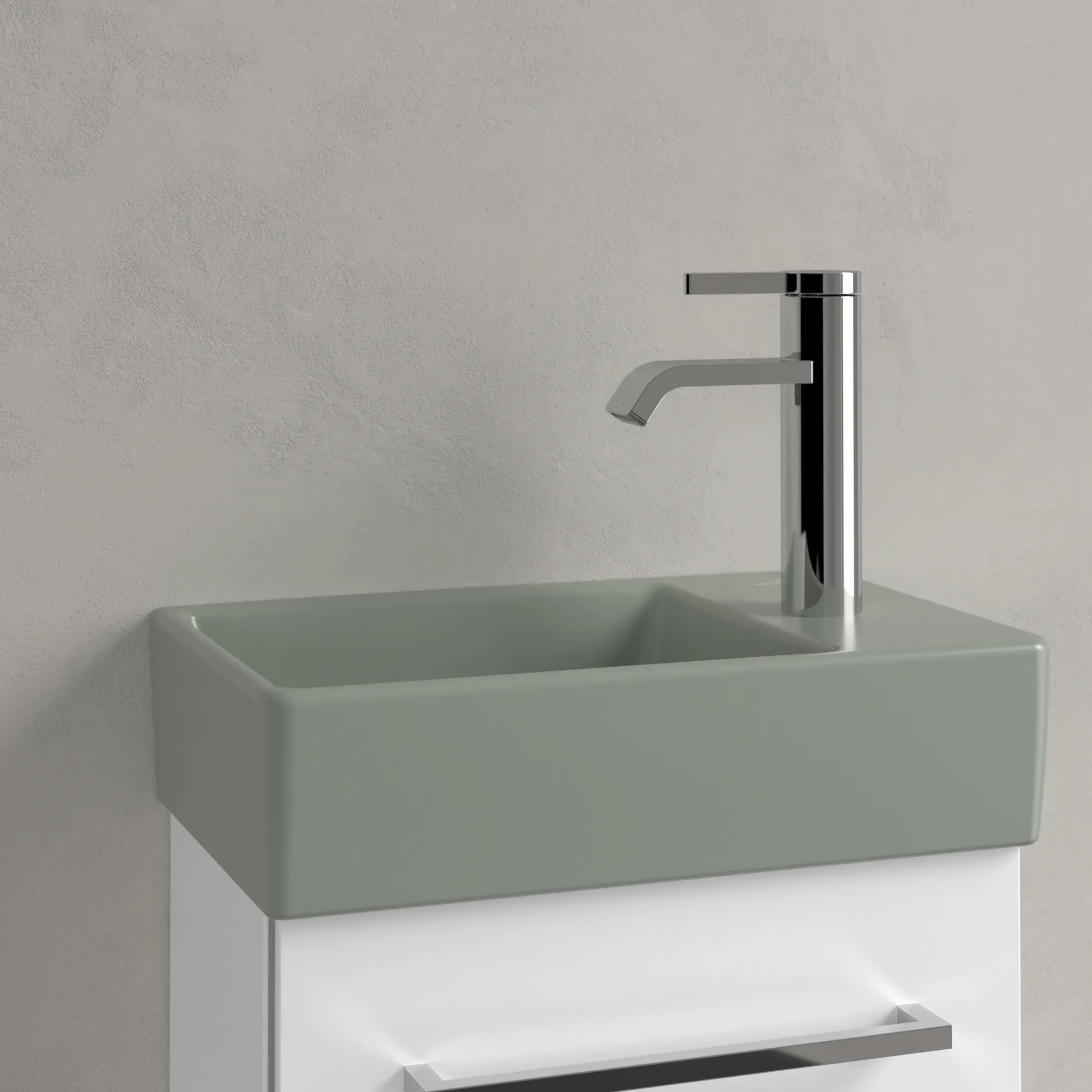 Villeroy & Boch Handwaschbecken „Avento“ 360 × 220 × 110 mm, für Becken links, mit Hahnlochbohrung, Hahnlochposition mittig in Morning Green Villeroy & Boch Handwaschbecken „Avento“ 360 × 220 × 110 mm, für Becken links, mit Hahnlochbohrung, Hahnlochposition mittig in Morning Green