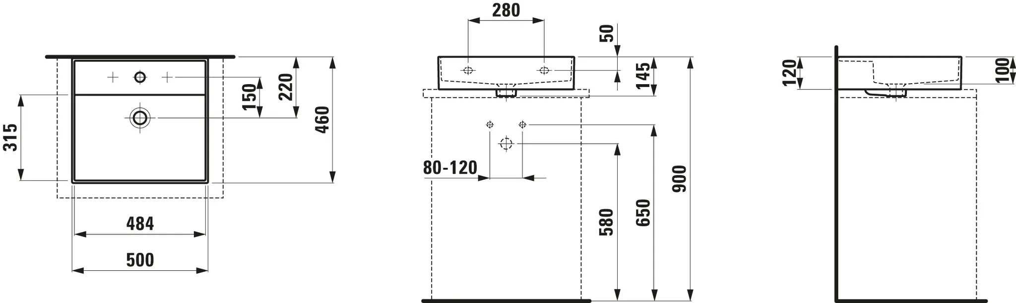 Aufsatzwaschtisch Kartell • 460x500x145 1 Hahnloch mit Überlauf weiß