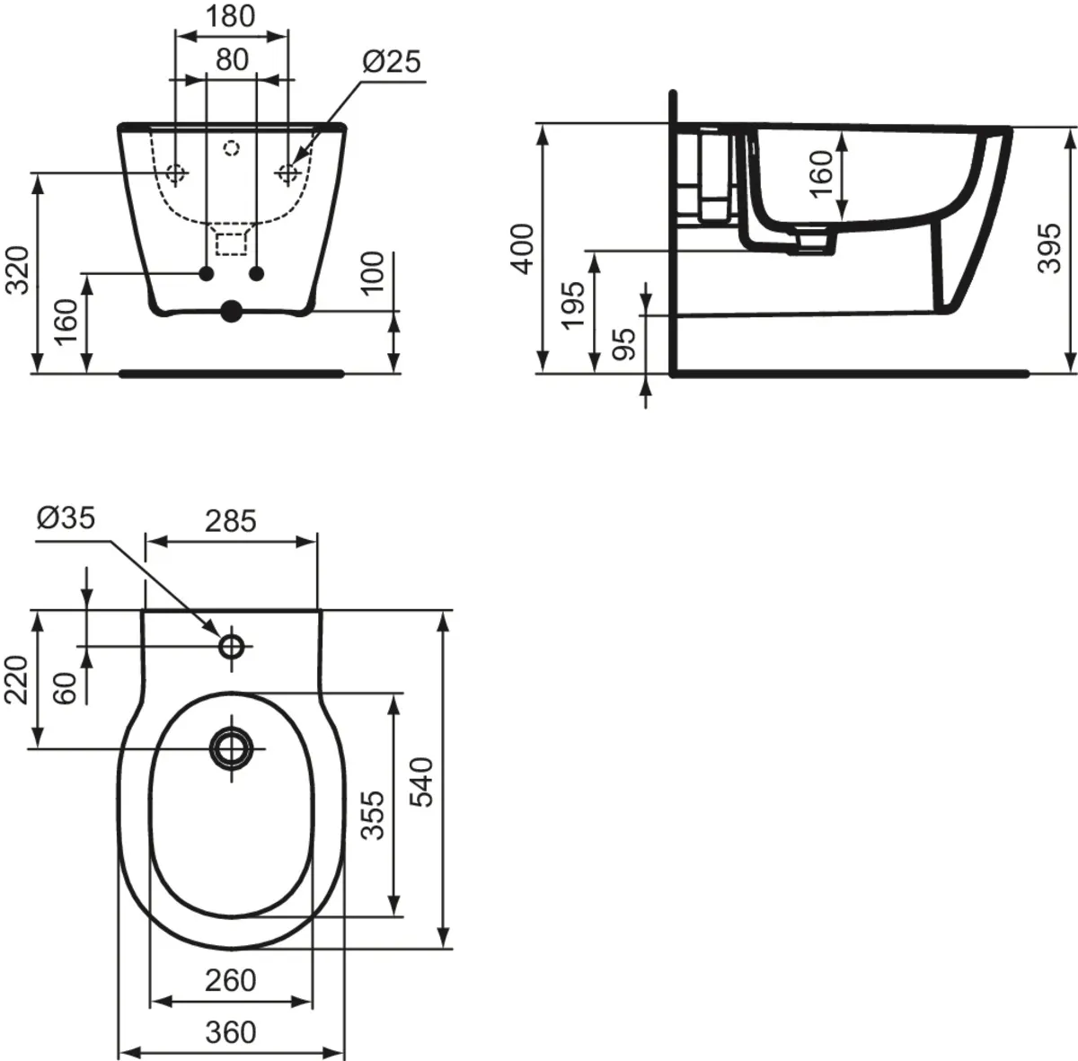 Ideal Standard Bidet „Connect“, Befestigung verdeckt 36 × 54 × 30,5 cm