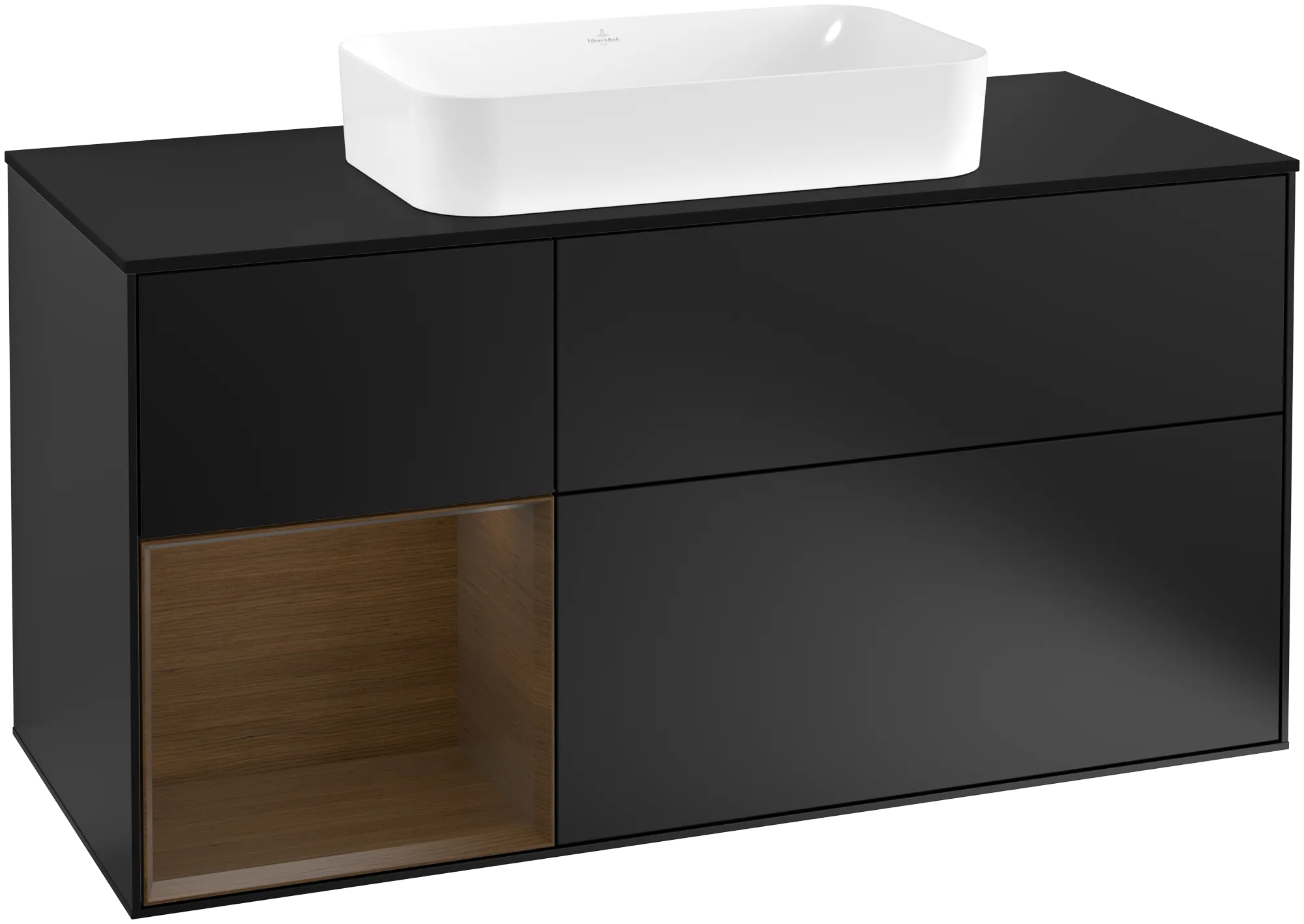 Villeroy & Boch Finion Waschbeckenunterschrank G29, 1200x603x501mm, Black Matt Lacquer / Walnut Veneer / Glass Black Matt