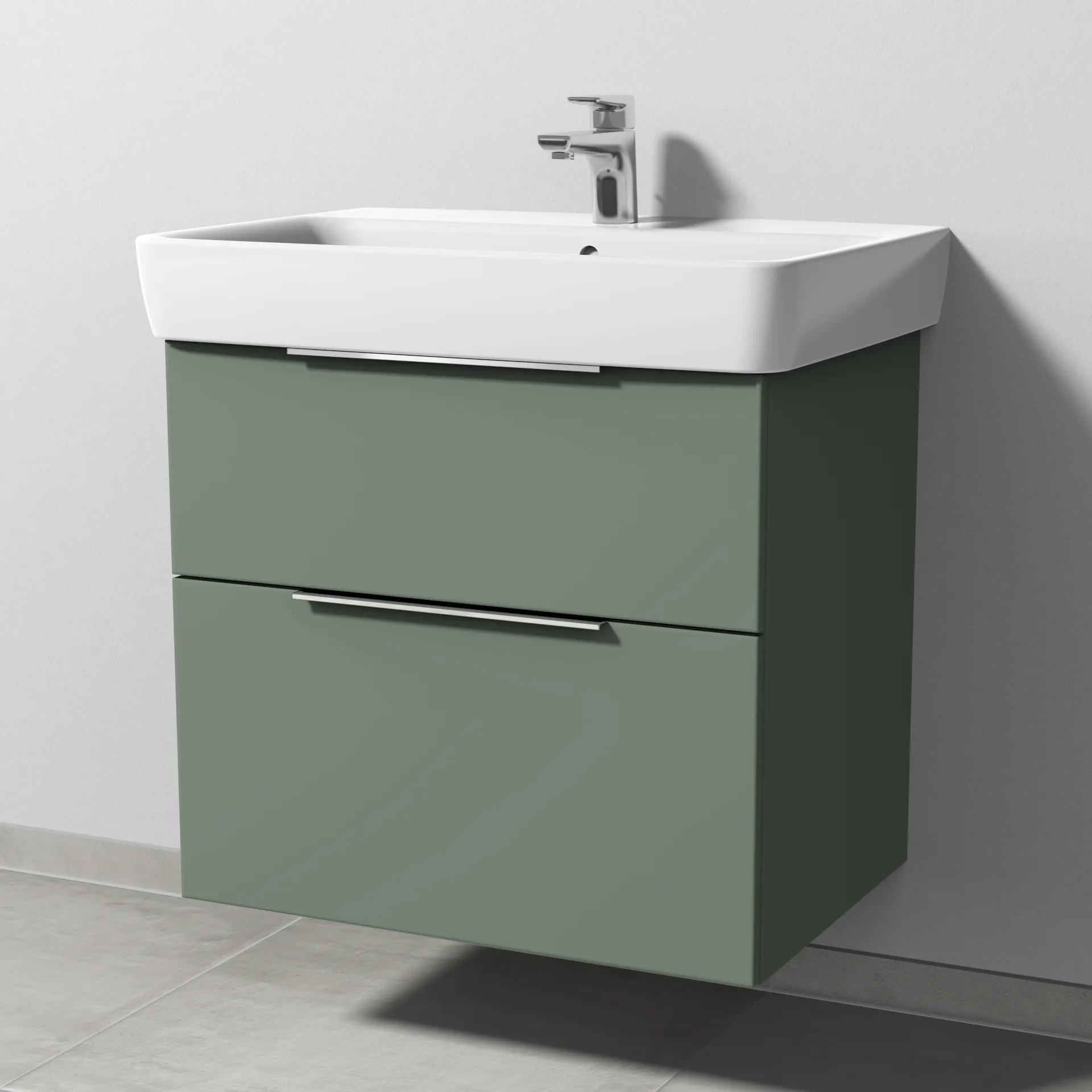 Sanipa Waschtischunterschrank „3way“ passend zu Keramik-Waschtische Renova Plan von Geberit 635 × 588 × 407 mm in Soft-Green, Becken mittig