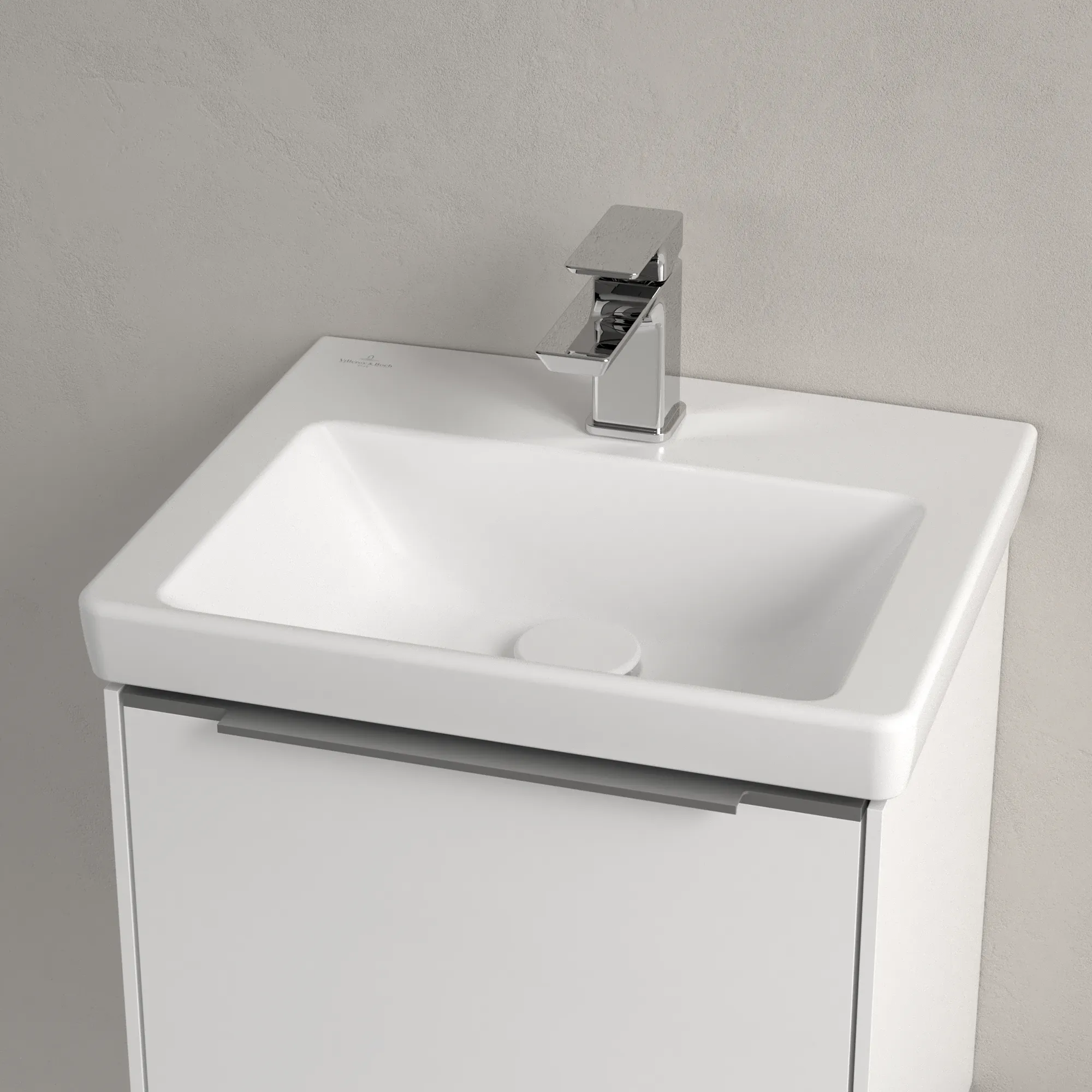 Villeroy & Boch Handwaschbecken für Montage mit Möbel „Subway 3.0“ 450 × 370 × 145 mm, mit Hahnlochbohrung, Hahnlochposition mittig in Stone White