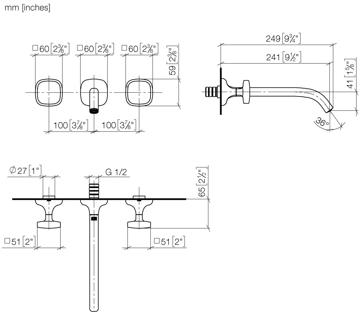 Dornbracht COYA Waschtisch-Wandbatterie ohne Ablaufgarnitur - Chrom, Ausladung 241 mm, starrer Auslauf, runder luftangereicherter Strahl, Bohrungsdurchmesser 35 mm, Rosette 60 x 60 mm, Durchfluss max. 4,5 l/min