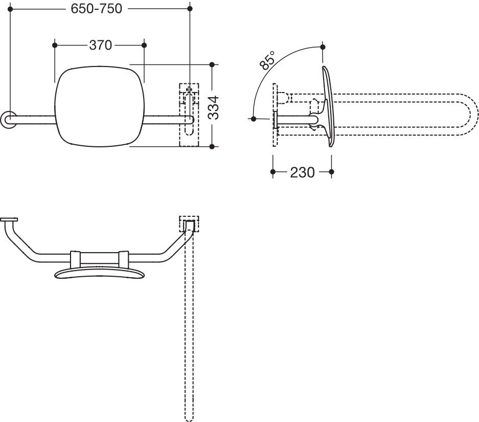 Rückenstütze, WA=230mm, links zur Befest.an Wand-/SK-Griff signalweiß