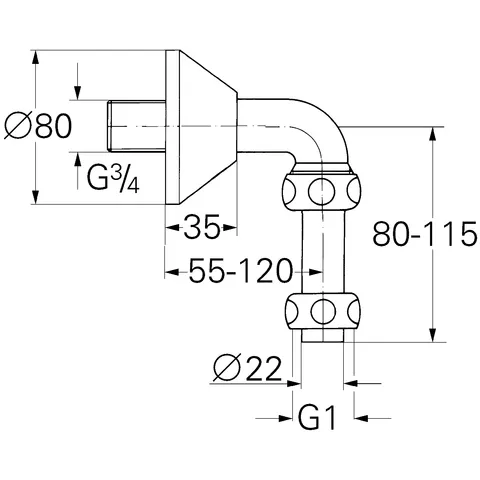 Abgangsbogen 12408, DN 20, Anschlussrohr Ø 22 mm, Quetschverschraubung 1'', Außengewinde 3/4'', Schubrosette Abgangsbogen 12408, DN 20, Anschlussrohr Ø 22 mm, Quetschverschraubung 1'', Außengewinde 3/4'', Schubrosette
