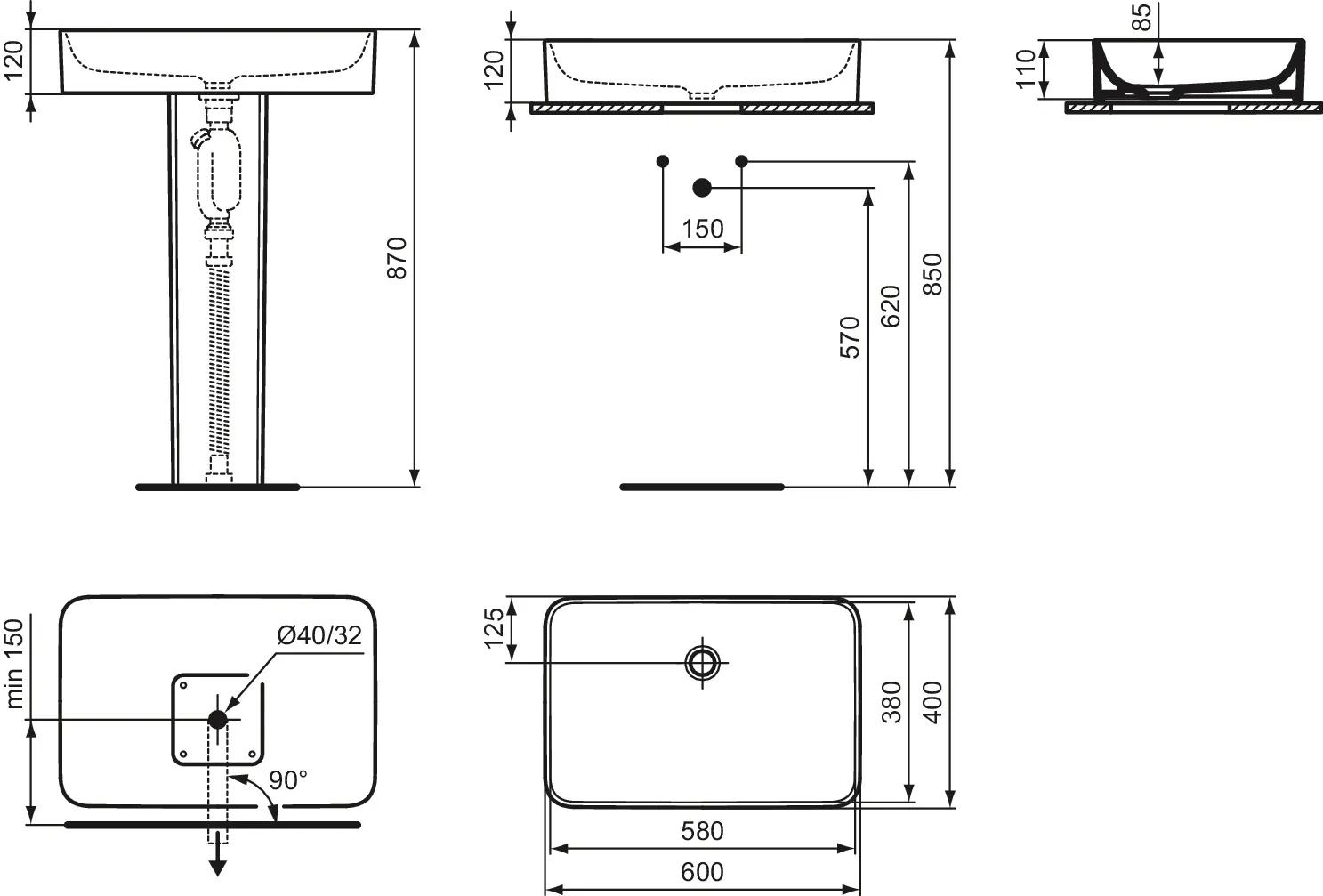 Ideal Standard Conca Schale, eckig, Seidenweiß, 600x400x110 mm, Feinfeuerton, ohne Hahnloch, ohne Überlauf