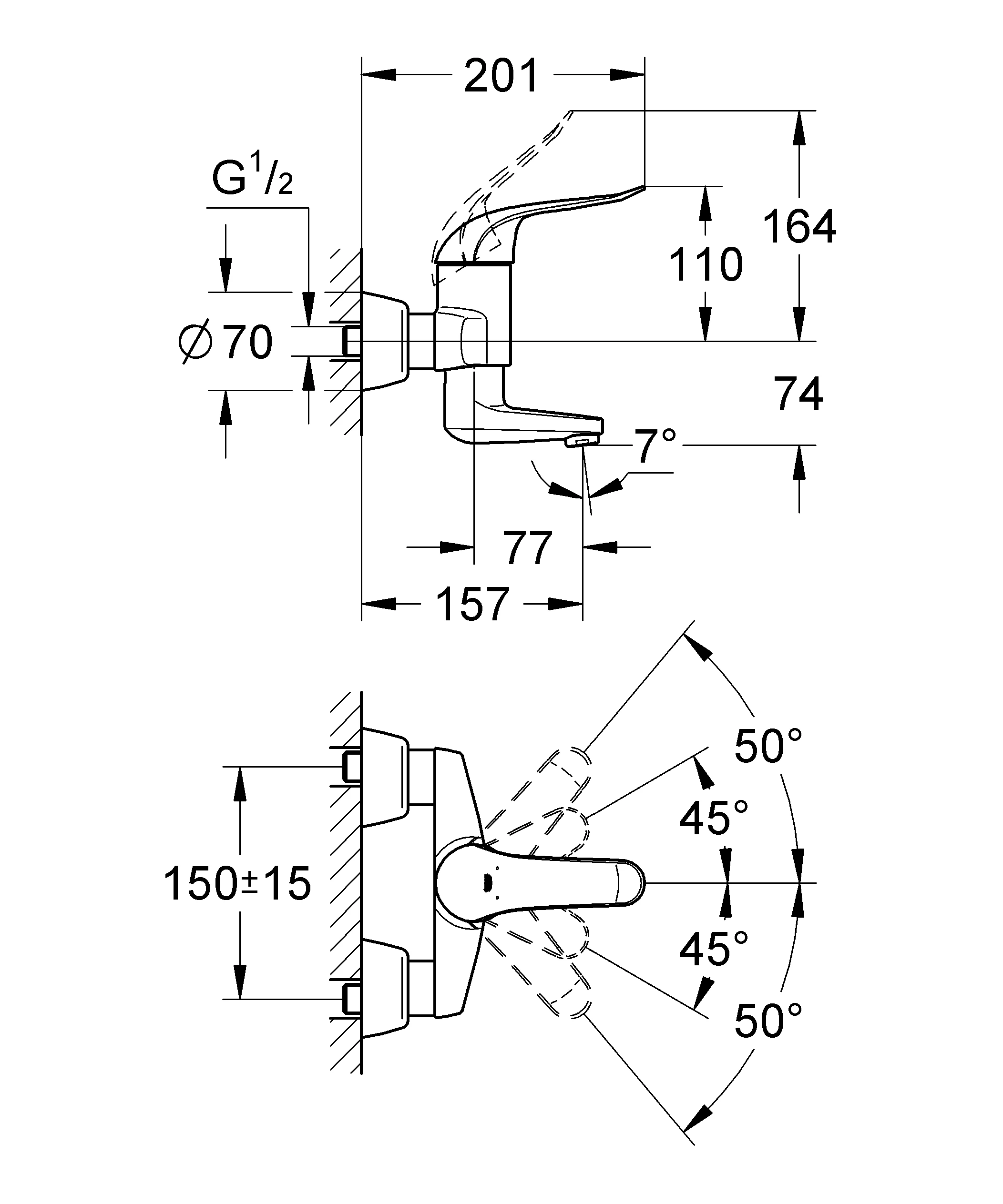 Einhand-Waschtischbatterie Euroeco Special 32770, Wandmontage, Ausladung 157 mm, 46 mm Keramikkartusche, Hebellänge 120 mm, chrom